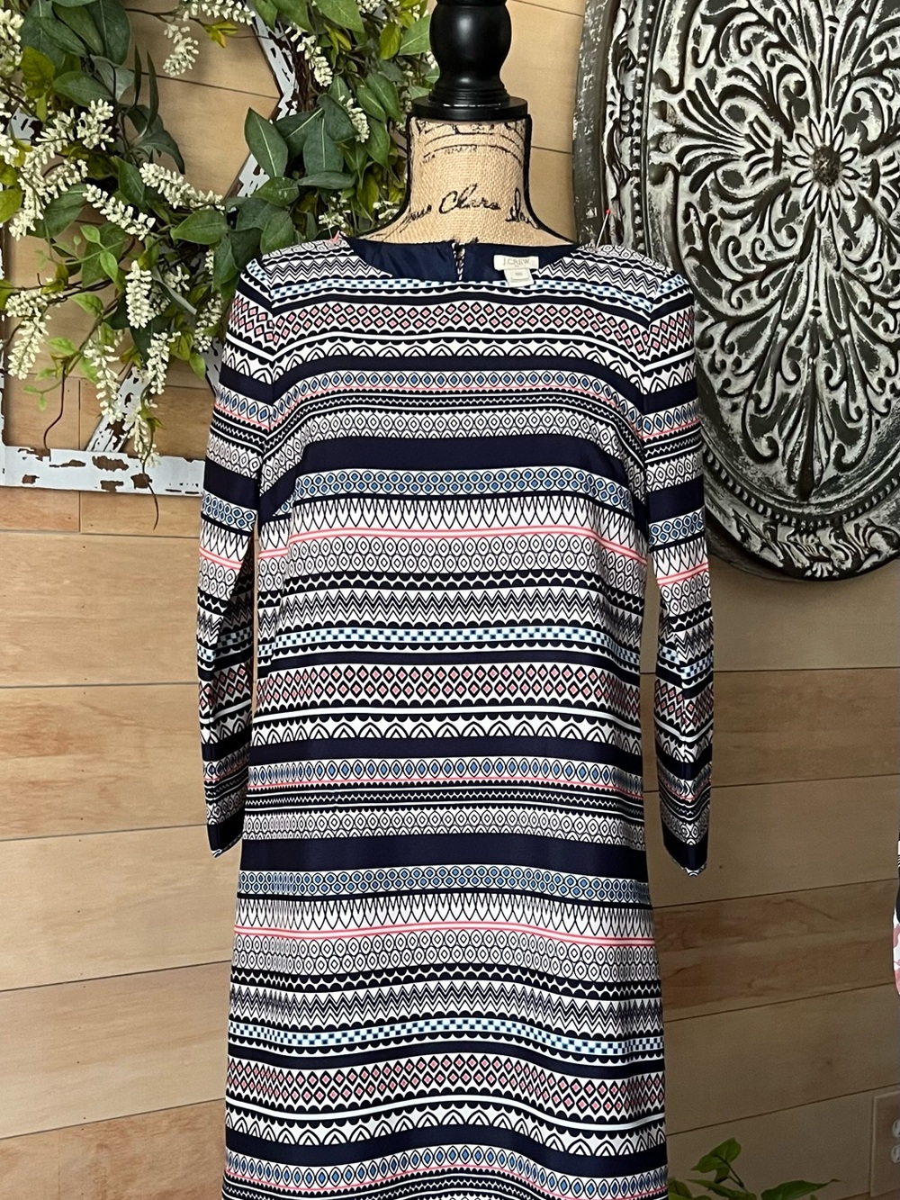 J. Crew Navy, White & Pink Geo-Stripe Shift Dress Size 00